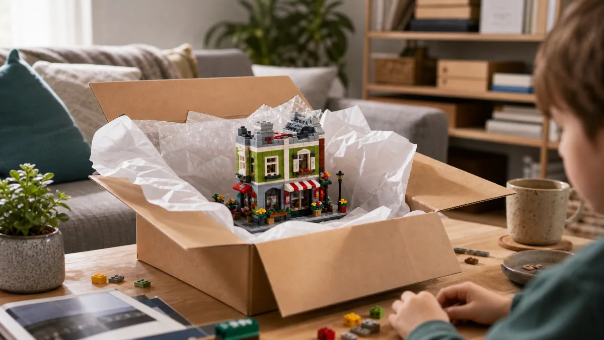 Real LEGO product images on a photorealistic parcel and checkout table for Wehkamp LEGO prices