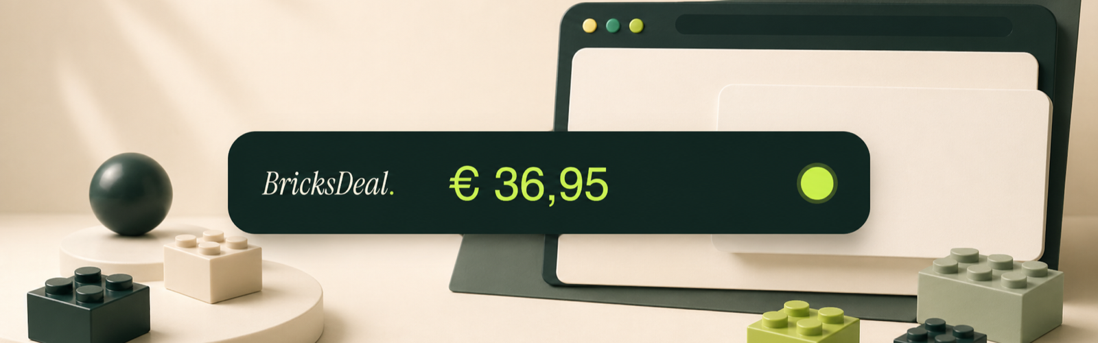 Compacte BricksDeal banner met een prijsbalk voor de browser-extensie.